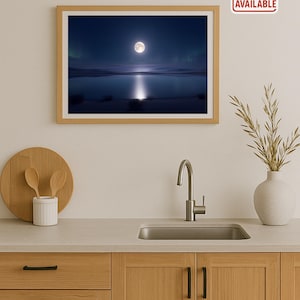 Moonlit Night Over Lake Wall Art Print, Serene Full Moon Landscape Poster, Tranquil Blue Sky Digital Download for Home Décor