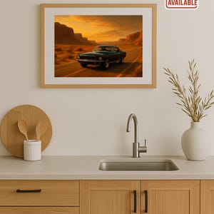Classic 1960s Mustang Wall Art – Vintage Car Desert Road Print, Sunset American Muscle Car Décor, Retro Automotive Digital Download