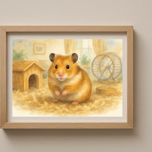 Cute Hamster Digital Download Wall Art Print, Pet Hamster Watercolour Poster, Small Animal Nursery Décor, Printable Pet Portrait
