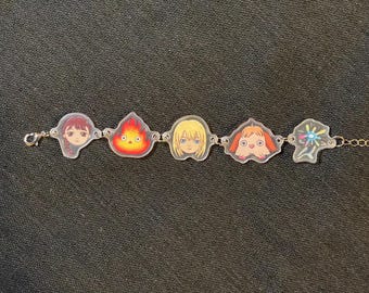 Studio Ghibli-animatie Howl's Moving Castle-personages, door een fan gemaakte acrylbedels, zilveren armband