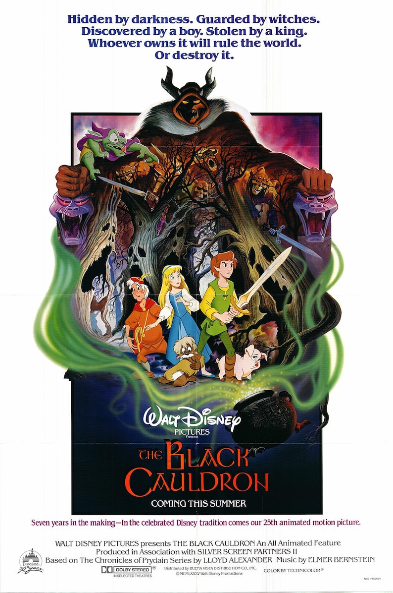 May include: A movie poster for the animated film "The Black Cauldron" featuring a group of characters from the film, including a young boy, a princess, and a pig. The poster is set against a dark and mysterious forest background. The text on the poster reads "WALT DISNEY PICTURES presents THE BLACK CAULDRON An All Animated Feature Produced in Association with SILVER SCREEN PARTNERS II Based on The Chronicles of Prydain Series by LLOYD ALEXANDER Music by ELMER BERNSTEIN".
