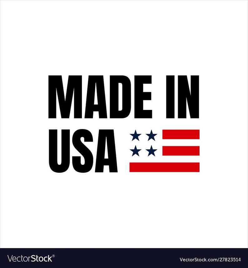 May include: Black and white text that reads "Made in USA" with a small American flag to the right of the text.
