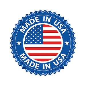 May include: A blue circular emblem with the text "MADE IN USA" encircling a central image of the American flag. The flag features red and white stripes and a field of blue with white stars.
