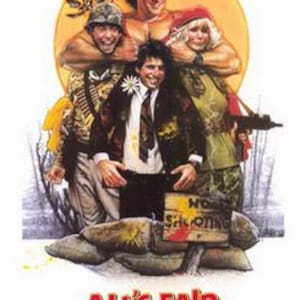 Może przedstawiać: Plakat filmowy do filmu "All's Fair" z udziałem czterech aktorów, w tym George'a Segala, Sally Kellerman, Lou Ferrigno i Roberta Carradine'a. Plakat ma kolorystykę czerwono-biało-niebieską i przedstawia indiański strój głowy.
