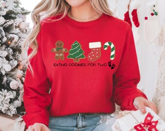 Moletom Eating Cookies For Two, Camiseta Revelação de Gravidez, Presente de Natal para Nova Mamãe, Camiseta de Feriado de Maternidade, Anúncio de Bebê, Futura Mamãe