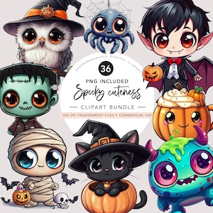 Paquete de imágenes prediseñadas de dibujos animados de Halloween, lindas caricaturas espeluznantes, adorable bruja, fantasma, calabaza, arañas, POD, gráficos de uso comercial, PNG kawaii