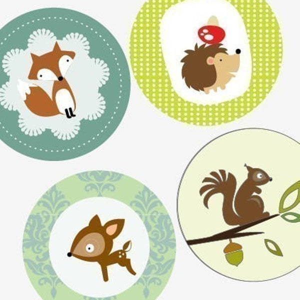 Cute Woodland Creatures - 1.313 Inch (33mm) Digital Collage Printable Sheet For Badges and Buttons - Instant Download - Buy 2 Get 1 Free