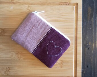 Linen Burgundy & Mauve Mini coin purse - mini zipper pouch - tiny pouch - gift card holder - gift card pouch