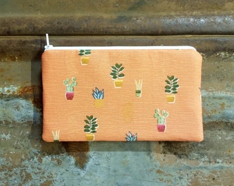 Zipper pouch - terracotta succulent clutch - pen pouch