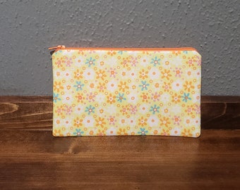 Zipper pouch - yellow and orange floral clutch - pen pouch