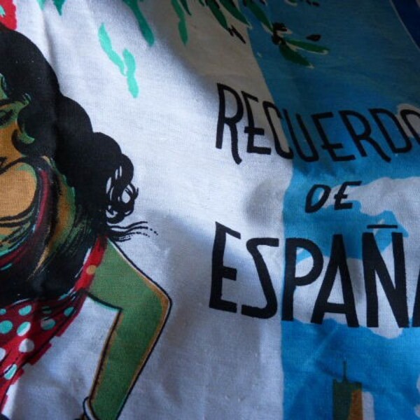 DO NOT BUY RESERVED  NOT FOR SALE    SORRY   HABLA ESPANOLE              VINTAGE SPAIN SOUVENIR CLOTH WALL HANGING VIBRANT MEDITERRANEAN COLORS