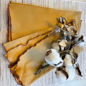 Ochre Golden Brown with Lettuce Edges Linen PAIR Napkins