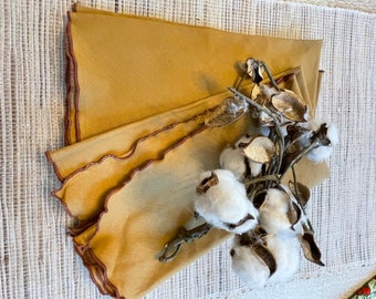 Ochre Golden Brown with Lettuce Edges Linen PAIR Napkins