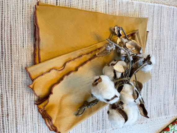 Ochre Golden Brown with Lettuce Edges Linen PAIR Napkins