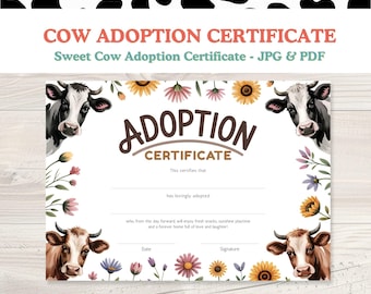 Adoptionsurkunde Kuh, druckbare PDF-Datei, Andenken, Landtier Adoption, Sofort Download, Haustier Urkunde, Haustier Adoption Geschenk, Individuelles Haustier
