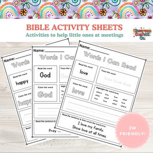 Bible Sight Word Activity Sheets Kids, JW Friendly, 15 Printable Bible-Themed Worksheets, Tracing, Coloring & Reading Practice, US Letter