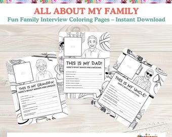 Pagina da colorare "Tutto sulla mia famiglia", attività stampabile per bambini, foglio di lavoro per il divertimento in famiglia, download immediato, nonno, nonna, mamma, papà, fratello