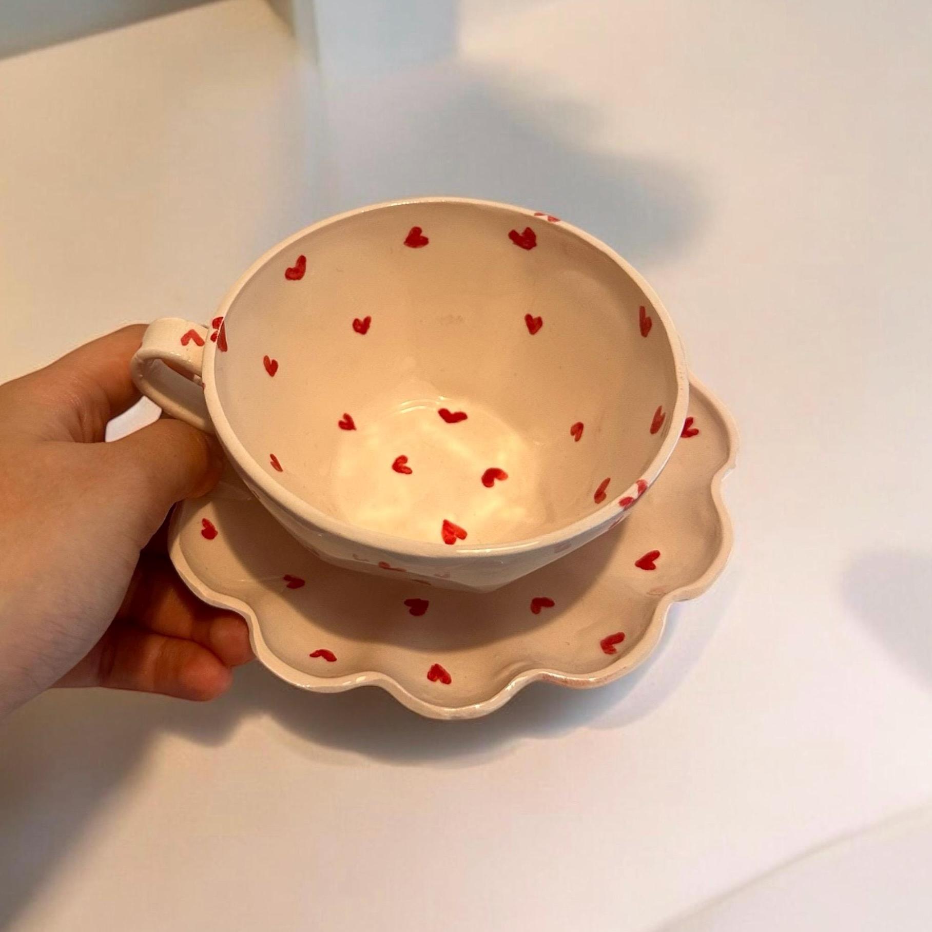 Handmade Ceramic Heart Cup and Saucer Set, Cute Red Heart Pattern Coffee Cup, Romantic Gift For Tes Lovers, Unique Pottery Mug