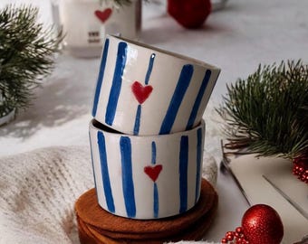 Handmade Ceramic Espresso Cup Set, Blue striped design with Red Heart,Handcrafted Minimalist Design for Everyday Use, Set of 2