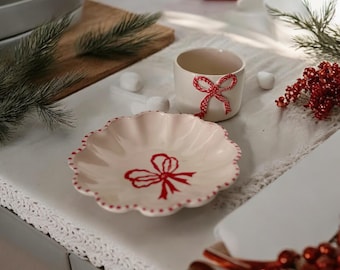 Red Ribbon Ceramic Espresso Cup and Mini Dessert Plate Set, Handmade Elegant Pottery Gift, Cute Mug