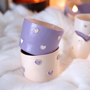 Handmade Ceramic Espresso Cup Set,Handcrafted Minimalist Design for Everyday Use, Set of 2 Heart shaped Lilac Espresso Cups