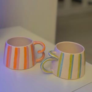 Handmade Ceramic Mug, Colorful Striped Pottery, Curved Handle, Unique and Fun Drinkware, Gift for coffee Lovers and Aesthetic Home Decor