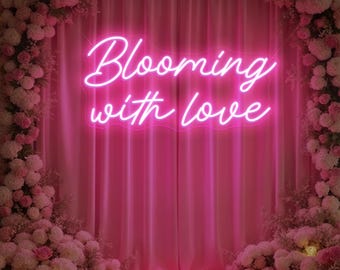 Letrero de neón "Floreciendo de amor", decoración de pared para bodas, letrero de neón para el Día de San Valentín, telón de fondo para fiesta de compromiso, letrero de neón personalizado para bodas