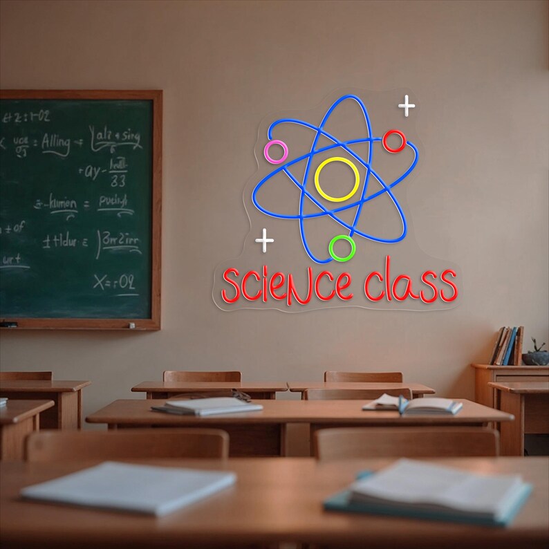 May include: A classroom scene featuring a neon sign with a blue atom design, plus signs, and the words "science class" in red. A chalkboard with equations and wooden desks are in the foreground.