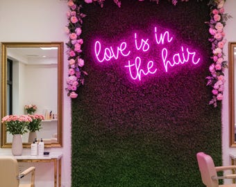 Insegna al neon "Love Is In The Hair", Luce al neon per salone di parrucchiere, Insegna al neon per salone di bellezza, Decorazioni per la stanza della bellezza, Regali per parrucchieri, Insegna aziendale personalizzata