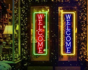 Letrero de neón de bienvenida, luz LED de bienvenida navideña, decoración navideña para la puerta principal, decoración festiva para la pared del hogar, letrero para fiestas navideñas, letrero de neón personalizado
