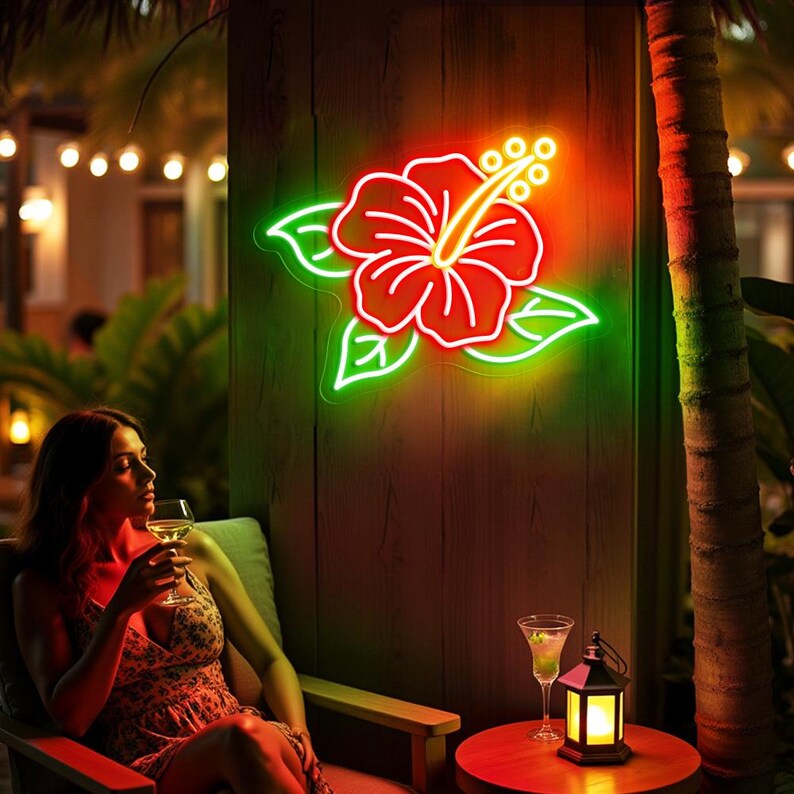 Hibiscus Neon Sign - Tropical Flower LED Wall Light for Beach Bar, Tiki ...