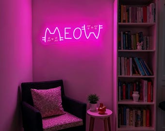 MEOW Cat Neon Sign Cute Kawaii LED Light, Aesthetic Pet Lover Wall Decor, Fun Cat Cafe Sign, Cozy Room Night Lamp, Gift for Cat Lovers