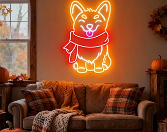Letrero de neón de Corgi para otoño, luz LED de perro adorable, decoración de habitación para la temporada de otoño, regalo para amantes de las mascotas, arte de pared acogedor para otoño, regalo para niños, letrero de neón personalizado