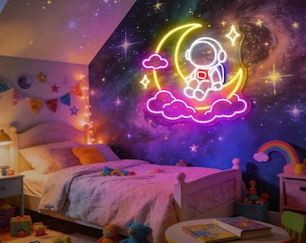 Letrero de neón de astronauta, luna y nube, letrero de neón de astronauta, letrero LED de luna y estrellas, decoración de pared de astronauta para habitación infantil, letrero decorativo para sala de juegos