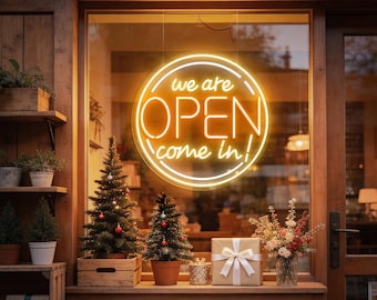Letrero de neón "Pase, estamos abiertos", letrero LED abierto para negocios, decoración de cafeterías, restaurantes y tiendas, iluminación para escaparates, letrero de bienvenida para tiendas.