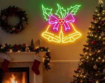 Letrero de neón de campana navideña, luz de pared LED navideña, decoración festiva de Navidad, arte de pared para el hogar en invierno, decoración para fiestas navideñas, letrero de neón personalizado