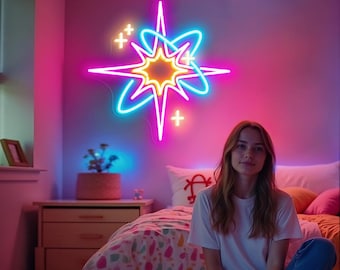 Mid Century Starburst Neon Sign, Colorful Wall Light, Kids Room Decor, Modern Space Theme LED Sign, Bedroom Decoration, Retro Star Light