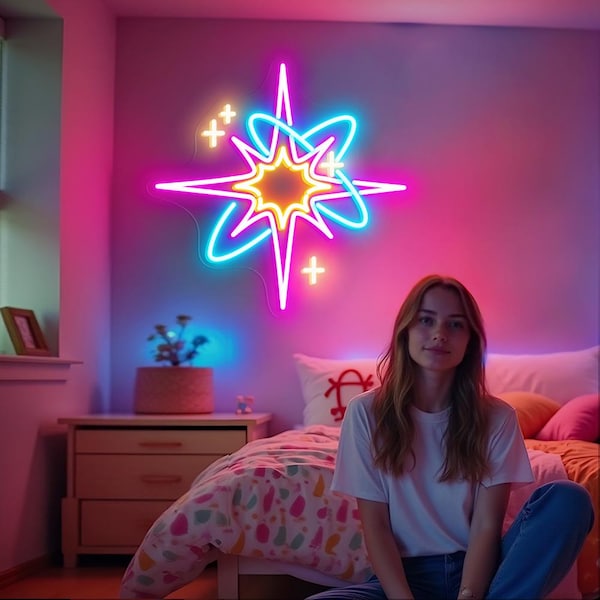 Mid Century Starburst Neon Sign, Colorful Wall Light, Kids Room Decor, Modern Space Theme LED Sign, Bedroom Decoration, Retro Star Light
