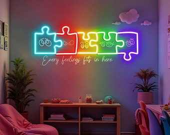 Autism Feelings Puzzle Neon Sign Mental Health Awareness LED Light Autism Classroom Sign Neurodiversity Wall Art Autism Teacher/Mom Gifts