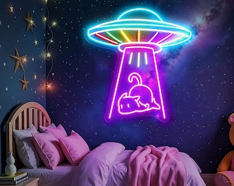UFO Cat Neon Sign Alien Abduction LED Light, Cute Space Decor, Kawaii Cat Lover Gift, Game Room Wall Art, Bedroom Aesthetic Neon Light