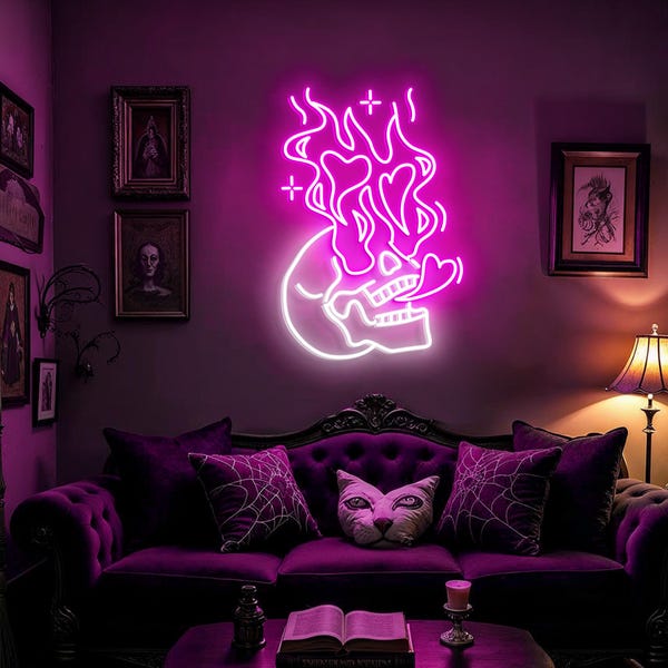 Czaszka Serce Ogień Neon Znak Płonące Serce Neon Ręcznie Robiony Gotycki Wystrój Domu Halloween Horror Sztuka Ścienna Miłość Neon Światło Impreza Znak