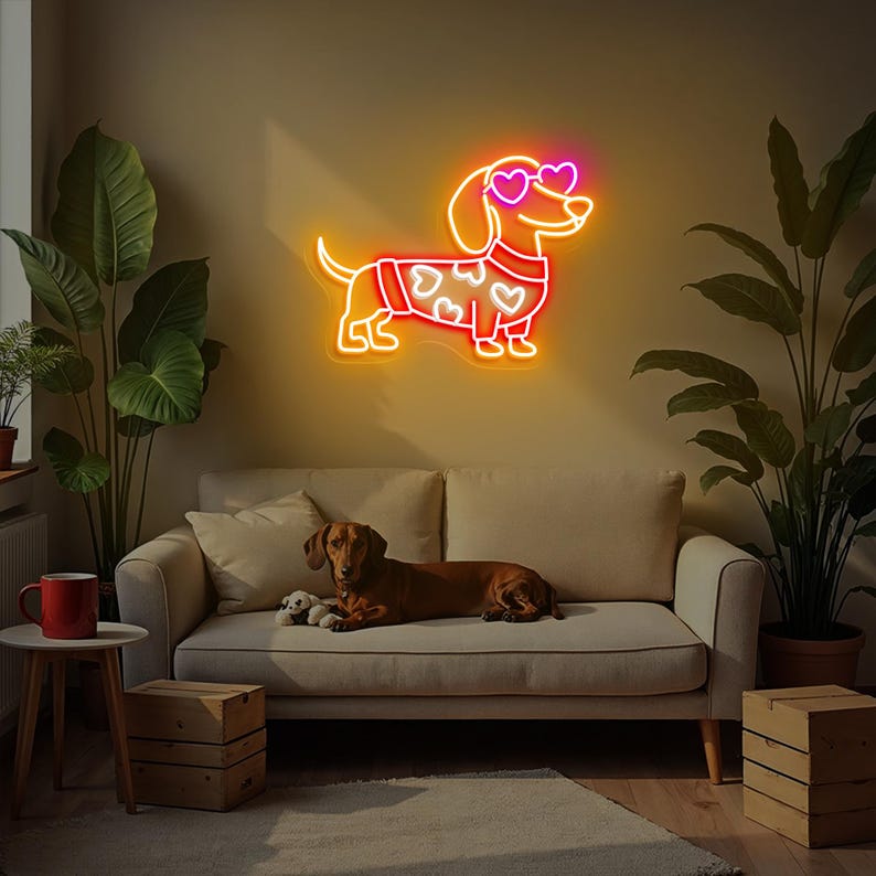 K&ouml;nnte beinhalten: Neon-Schild mit einem Dackel, der eine herzf&ouml;rmige Sonnenbrille und einen Pullover mit Herzen tr&auml;gt. Das Schild ist an einer Wand &uuml;ber einem beigen Sofa angebracht, auf dem ein brauner Hund sitzt.