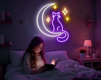 Cat Moon Neon Sign - Crescent Moon & Cat LED Wall Light - Cute Aesthetic Neon Sign for Bedroom, Living Room, Gift for Cat Lovers, Home Decor