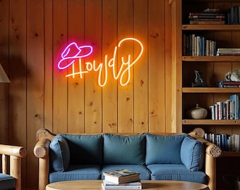 Howdy with Hat Neon Sign, Western Cowgirl LED Neon Light, Howdy Neon Sign, Cowboy Hat Neon Sign, Party Neon Sign, Texas Howdy LED Wall Light