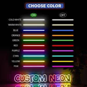 K&ouml;nnte beinhalten: Ein Neon-Schild mit dem Text "CUSTOM NEON" in verschiedenen Farben. Das Schild wird vor einem schwarzen Hintergrund mit einer Farbwahlkarte angezeigt, die die verschiedenen Farben zeigt, die f&uuml;r das Neon-Schild verf&uuml;gbar sind.