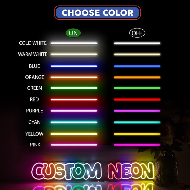 K&ouml;nnte beinhalten: Ein Neon-Schild mit dem Text "CUSTOM NEON" in verschiedenen Farben. Das Schild wird vor einem schwarzen Hintergrund mit einer Farbwahlkarte angezeigt, die die verschiedenen Farben zeigt, die f&uuml;r das Neon-Schild verf&uuml;gbar sind.