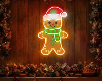 Letrero de neón de pan de jengibre, luz de pared LED navideña, decoración navideña para la cocina, escaparate para panadería, linda decoración para fiestas navideñas, letrero de neón personalizado