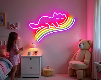Cat Sleeping On Rainbow Neon Sign, Rainbow Cat Neon Sign, Cute Cat Led Light, Colorful Cat Lover Gift, Aesthetic Wall Decor, Kid Room Decor