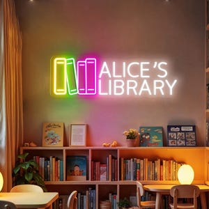 Custom Name Library Neon Sign, Bookworm LED Light, Bookshelf Library Wall Decor, Home Library Sign, Gifts For Book Lover, Librarian Gift