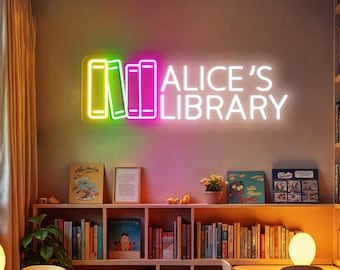 Custom Name Library Neon Sign, Bookworm LED Light, Bookshelf Library Wall Decor, Home Library Sign, Gifts For Book Lover, Librarian Gift